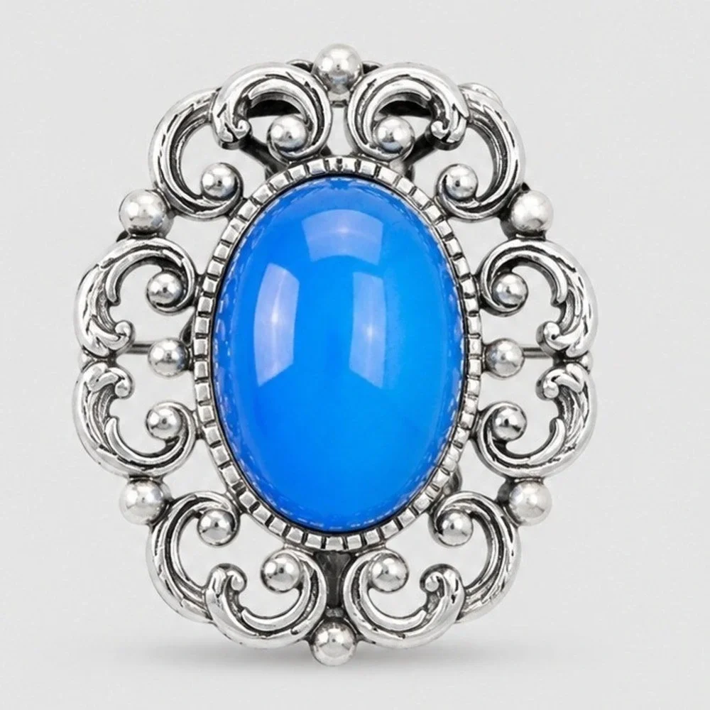 Vintage Silver Tone Blue Cabochon Filigree‎ Brooch Victorian Style Pin Ornate